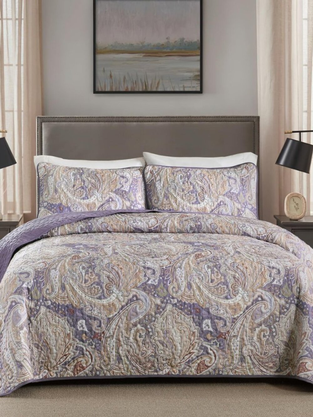 Paisley Quilt Set Queen Size Boho Bedspread Coverlet Set, Purple